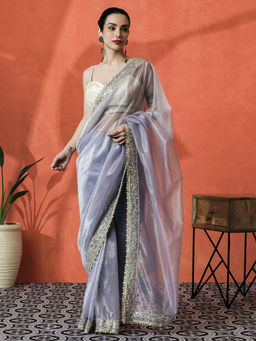 Lush Glam - Lavender Solid Embellished Work Tissue Saree with Unstitched Blouse
