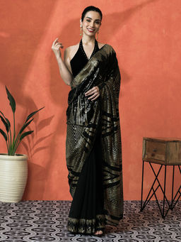Lush Glam - Black Embellished Sequined Work Georgette Saree with Unstitched Blouse