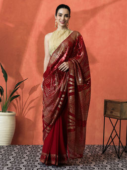 Lush Glam - Red Embellished Sequined Work Georgette Saree with Unstitched Blouse