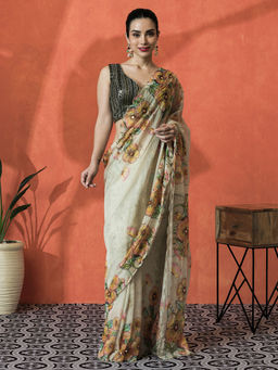 Lush Glam - Beige Floral Printed Sequined Work Organza Saree with Unstitched Blouse