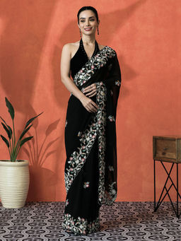 Lush Glam - Black Floral Embroidered Georgette Saree with Unstitched Blouse