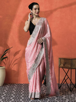 Lush Glam - Pink Floral Embroidered Chinon Saree with Unstitched Blouse