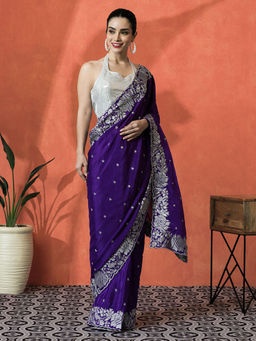 Lush Glam - Purple Floral Embroidered Chinon Saree with Unstitched Blouse