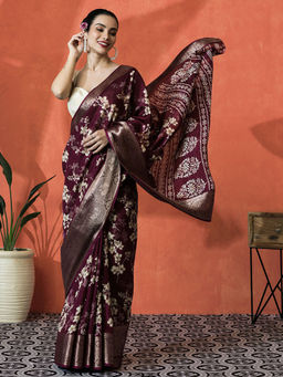 Lush Glam - Wine Floral Zari Silk Blend Border Saree with Unstitched Blouse