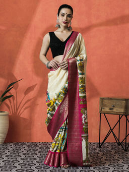 Lush Glam - Cream Printed Silk Blend Zari Border Saree with Unstitched Blouse