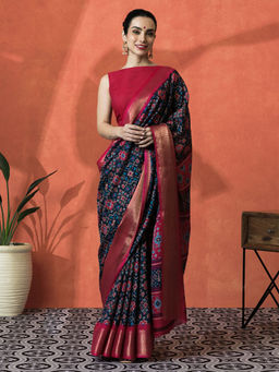 Lush Glam - Navy Blue Printed Design Silk Blend Zari Border Saree with Unstitched Blouse