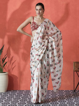 Lush Glam - Off White Ready To Wear Floral Printed Chinon Saree with Unstitched Blouse