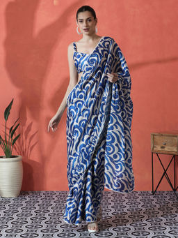 Lush Glam - Blue Ready To Wear Printed Lace Work Chinon Saree with Unstitched Blouse