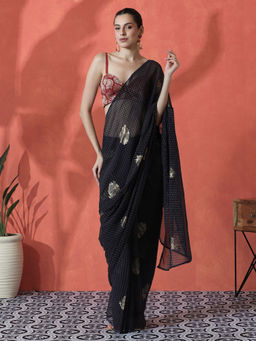Lush Glam - Navy Blue Ready To Wear Floral Printed Georgette Saree with Unstitched Blouse