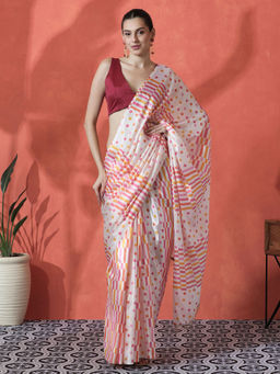 Lush Glam - Multi-Color Ready To Wear Printed Tassels Chinon Saree with Unstitched Blouse