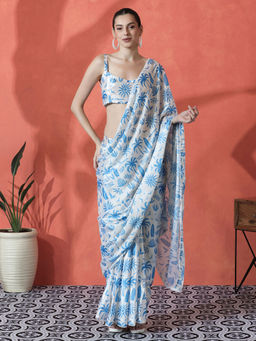 Lush Glam - Blue Ready To Wear Printed Lace Work Chinon Saree with Unstitched Blouse
