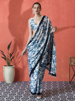 Lush Glam - Blue Ready To Wear Floral Printed Chinon Saree with Unstitched Blouse