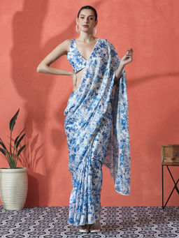 Lush Glam - Blue Chinon Ready To Wear Floral Printed Saree with Unstitched Blouse
