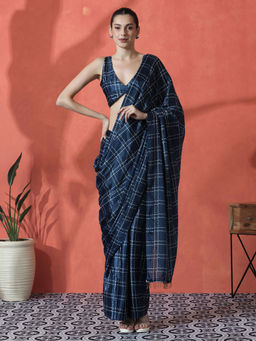 Lush Glam - Navy Blue Ready To Wear Checks Printed Chinon Saree with Unstitched Blouse