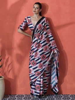 Lush Glam - Multi-Color Ready To Wear Floral Printed Chinon Saree with Unstitched Blouse
