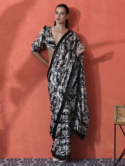 Lush Glam - Black and White Ready To Wear Printed Tassel Chinon Saree with Unstitched Blouse