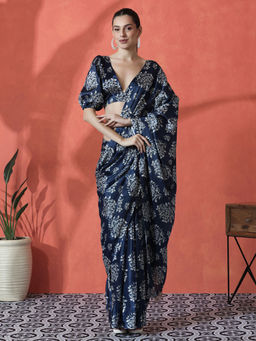 Lush Glam - Navy Blue Ready To Wear Floral Printed Chinon Saree with Unstitched Blouse