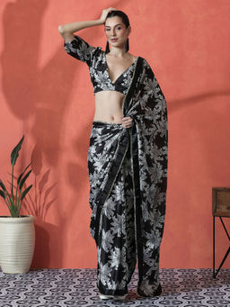 Lush Glam - Black Ready To Wear Floral Printed Chinon Saree with Unstitched Blouse