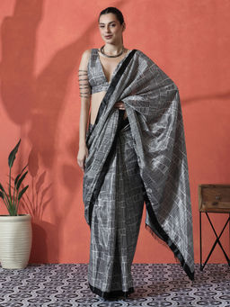 Lush Glam - Black Ready To Wear Printed Tassel Chinon Saree with Unstitched Blouse