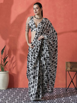 Lush Glam - Black and White Ready To Wear Printed Tassel Chinon Saree with Unstitched Blouse