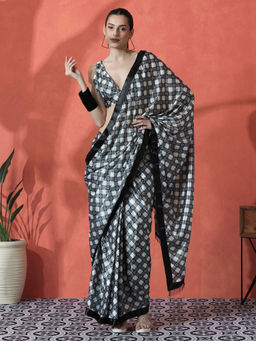 Lush Glam - Grey and Black Ready To Wear Floral Printed Chinon Saree with Unstitched Blouse