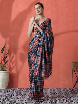 Lush Glam - Multi-Color Ready To Wear Checks Printed Chinon Saree with Unstitched Blouse
