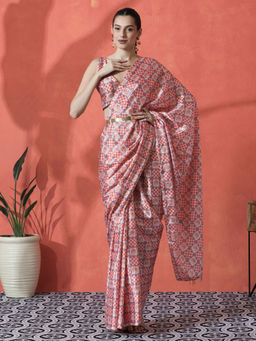 Lush Glam - Orange Ready To Wear Checks Printed Chinon Saree with Unstitched Blouse