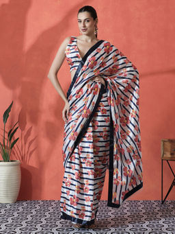 Lush Glam - Multi-Color Ready To Wear Floral Printed Chinon Saree with Unstitched Blouse