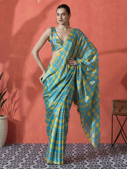 Lush Glam - Blue and Yellow Ready To Wear Checks Printed Chinon Saree with Unstitched Blouse