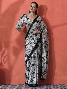 Lush Glam - White and Black Ready To Wear Printed Tassel Chinon Saree with Unstitched Blouse