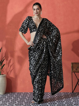 Lush Glam - Black Ready To Wear Printed Lace Work Chinon Saree with Unstitched Blouse