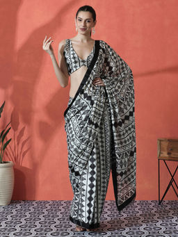 Lush Glam - Black and White Ready To Wear Printed Tassel Chinon Saree with Unstitched Blouse