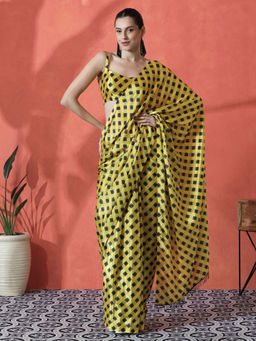 Lush Glam - Yellow Ready To Wear Printed Tassel Chinon Saree with Unstitched Blouse