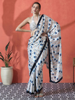 Lush Glam - White and Blue Ready To Wear Printed Chinon Saree with Unstitched Blouse