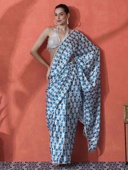 Lush Glam - Blue and White Ready To Wear Floral Printed Chinon Saree with Unstitched Blouse