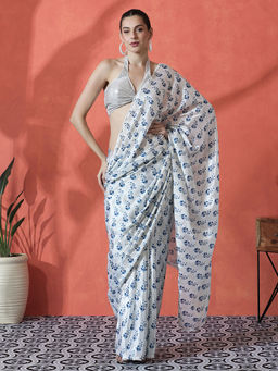 Lush Glam - White and Blue Ready To Wear Floral Printed Chinon Saree with Unstitched Blouse