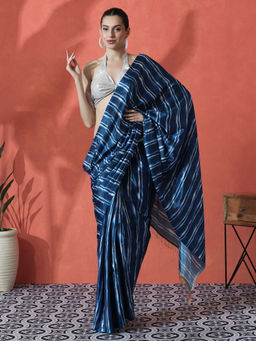 Lush Glam - Navy Blue Ready To Wear Stripes Printed Chinon Saree with Unstitched Blouse