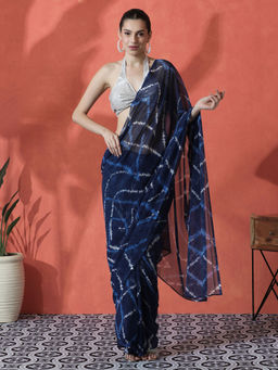 Lush Glam - Navy Blue Ready To Wear Printed Georgette Saree with Unstitched Blouse