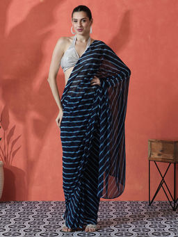 Lush Glam - Navy Blue Ready To Wear Leheriya Printed Georgette Saree with Unstitched Blouse