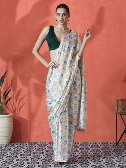 Lush Glam - Off White Ready To Wear Floral Printed Chinon Saree with Unstitched Blouse