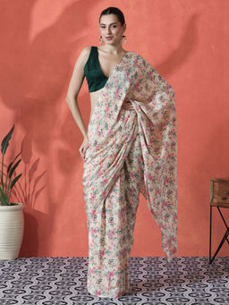 Lush Glam - Cream Ready To Wear Floral Printed Georgette Saree with Unstitched Blouse