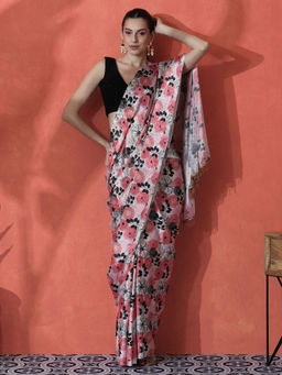 Lush Glam - Multi-Color Ready To Wear Floral Printed Chinon Saree with Unstitched Blouse