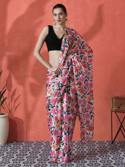 Lush Glam - Multi-Color Ready To Wear Floral Printed Chinon Saree with Unstitched Blouse