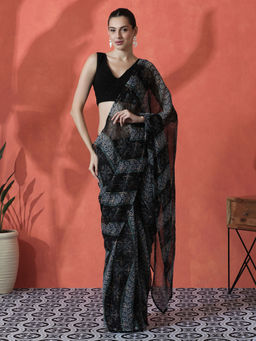 Lush Glam - Black Ready To Wear Bandhani Printed Georgette Saree with Unstitched Blouse