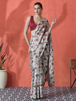 Lush Glam - Multi-Color Ready To Wear Floral Printed Chinon Saree with Unstitched Blouse