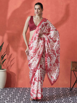 Lush Glam - White and Pink Ready To Wear Floral Printed Chinon Saree with Unstitched Blouse