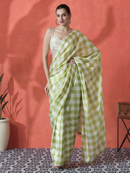 Lush Glam - Green Ready To Wear Checks Printed Chinon Saree with Unstitched Blouse