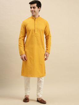 Sanwara - Mens Mustard Chickenkari Long Sleeve Cotton Designer Kurta with Pyjama (Set of 2)