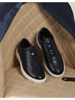 Monte Carlo - Mens Lace Up Navy Blue Solid Leather Casual Sneakers