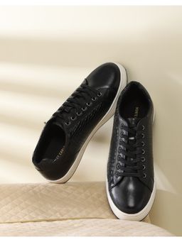 Monte Carlo - Mens Lace Up Black Solid Leather Casual Sneakers